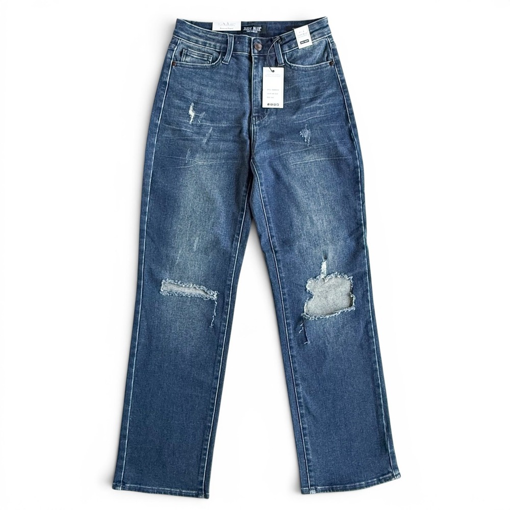 Judy Blue High Waist Ripped Knee Dad Jeans Distressed Dark Wash Size 3/26 NWT